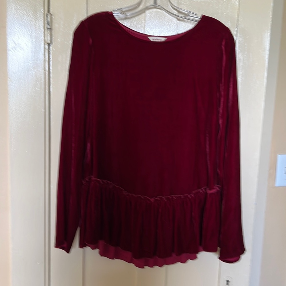 Ruby Colored Velvet Blouse With Large Ruffle At H… - image 1